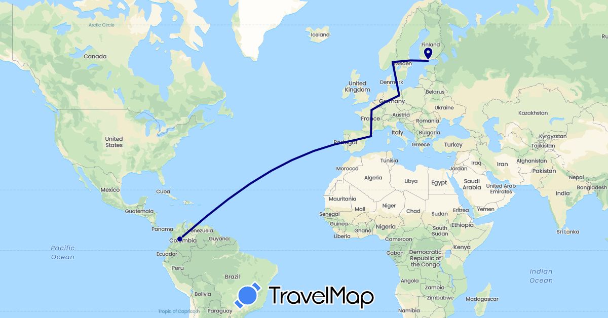 TravelMap itinerary: driving in Colombia, Germany, Spain, Finland, France, Norway (Europe, South America)